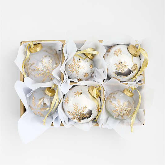Metallic and Clear Glass Snowflake Christmas Tree Ornaments, Boxed Set of 6