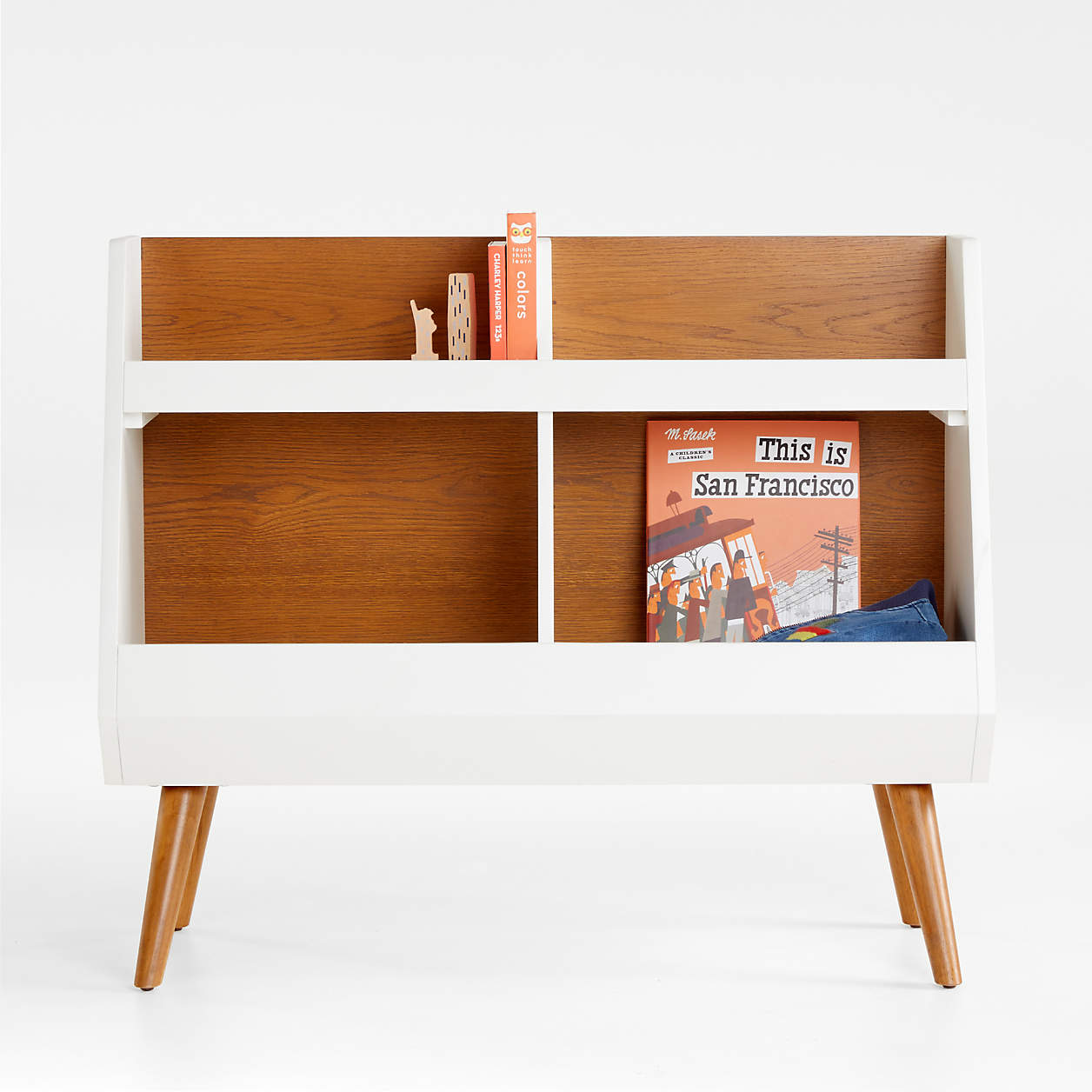 Walnut Wood and White MidCentury 4Cube Adjustable Kids Cubby Bookcase