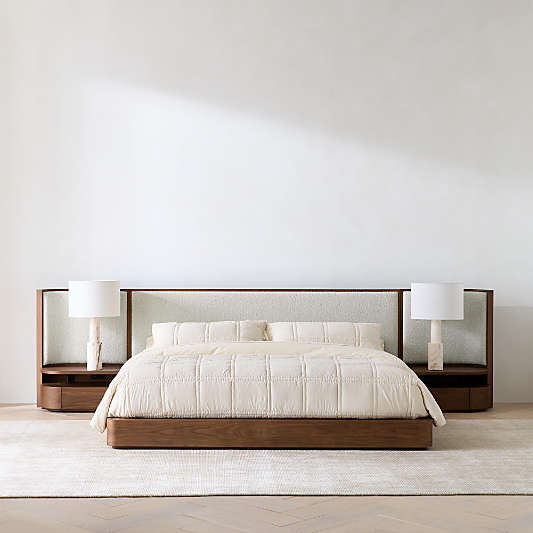 Milano Walnut Wood Upholstered Bed with Nightstands
