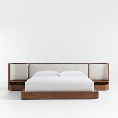 Milano Walnut Wood Upholstered Bed with Nightstands