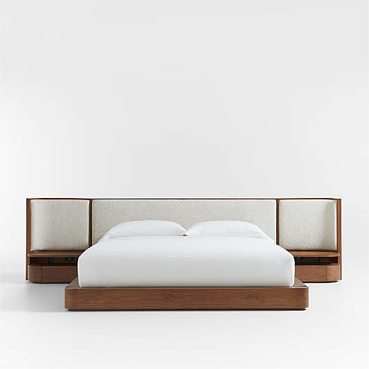Milano Natural Walnut Wood Upholstered Bed with Nightstands