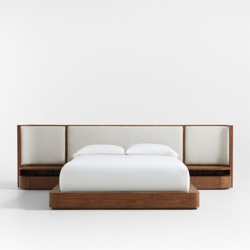 Milano Natural Walnut Wood Upholstered Queen Bed with Nightstands
