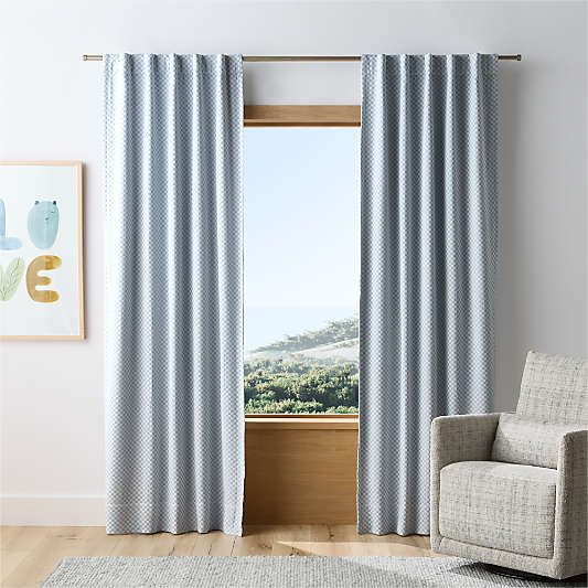 Mini Checker Sky Blue Kids Organic Cotton Blackout Curtain Panel