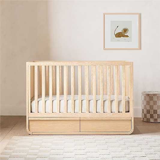 Mira Natural Oak Wood Convertible Baby Crib with Storage and Toddler Bed Rail