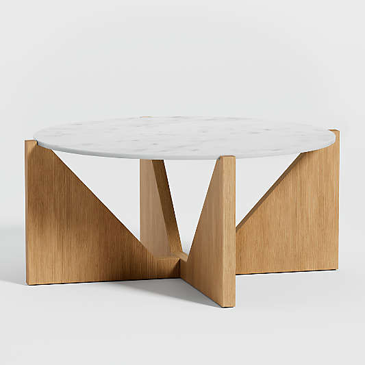 Miro White Marble and Natural Mahogany Wood 41" Round Coffee Table