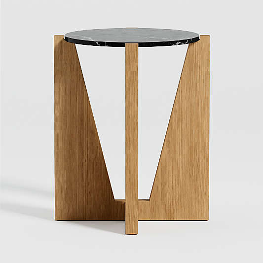 Miro Black Marble Round End Table with Natural White Oak Wood Base