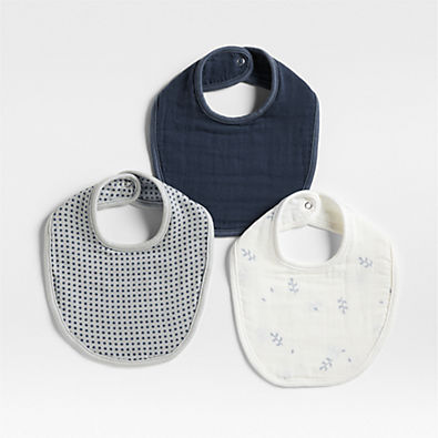 View Mixed Print Coy Blue Organic Cotton Gauze Baby Bib, Set of 3 details