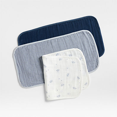 View Mixed Print Coy Blue Organic Cotton Gauze Baby Burp Cloth, Set of 3 details
