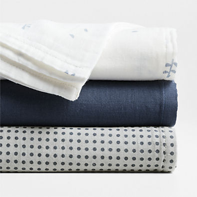 View Mixed Print Coy Blue Organic Cotton Gauze Baby Swaddle Blankets, Set of 3 details