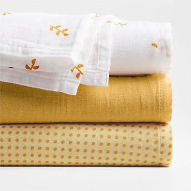 View Mixed Print Savannah Yellow Organic Cotton Gauze Baby Swaddle Blankets, Set of 3 details