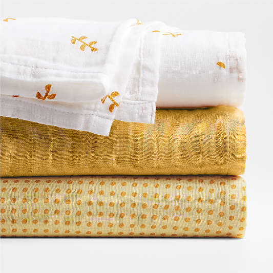 Mixed Print Savannah Yellow Organic Cotton Gauze Baby Swaddle Blankets, Set of 3