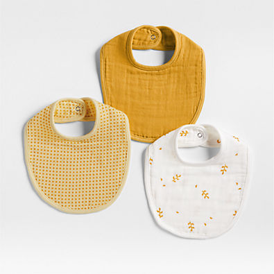 View Mixed Print Savannah Yellow Organic Cotton Gauze Baby Bib, Set of 3 details