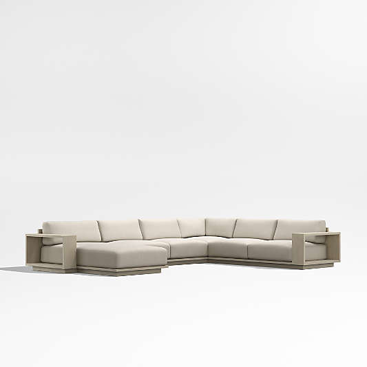 Mallorca Wood 4-Piece Left-Arm Chaise U-Shaped Outdoor Sectional Sofa with Canvas Flax Sunbrella ® Cushions