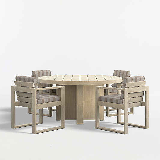 Mallorca 60" Wood Outdoor Dining Table Set with Range Dune Stripe Sunbrella ® Cushions