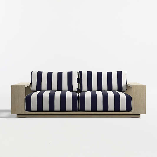 Mallorca 85" Wood Outdoor Sofa with Canvas Navy and White Cabana Stripe Sunbrella ® Cushions
