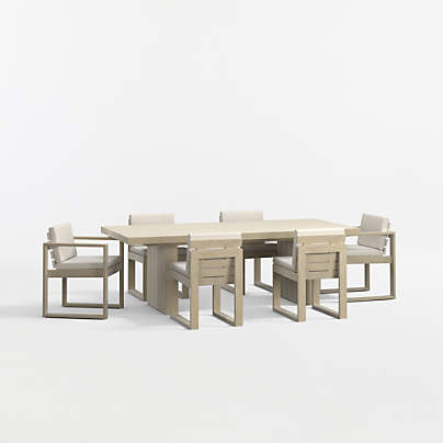 Mallorca 92"-114" Solid Wood Outdoor Extension Dining Table Armchair and Dining Chair Set with Ivory Cushions