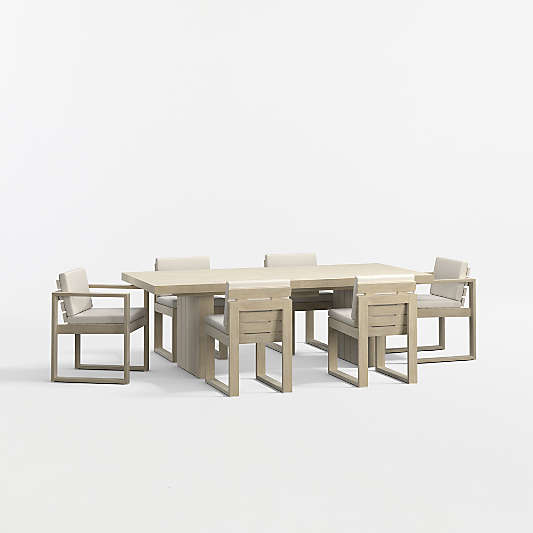 Mallorca 92"-114" Solid Wood Outdoor Extension Dining Table Armchair and Dining Chair Set with Ivory Cushions