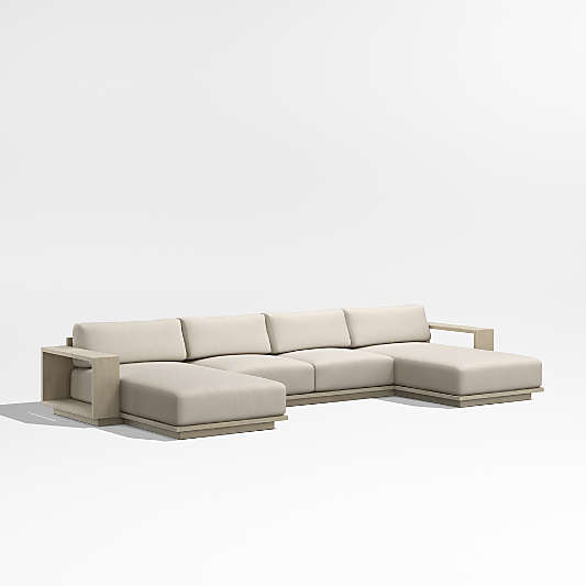Mallorca Wood Double-Chaise Outdoor Sectional Sofa with Canvas Flax Sunbrella ® Cushions