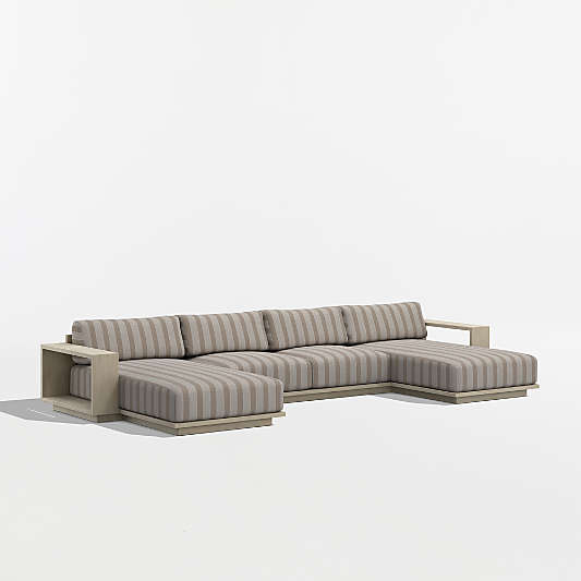 Mallorca Double-Chaise Wood Outdoor Sectional Sofa with Canvas Range Dune Stripe Sunbrella ® Cushions