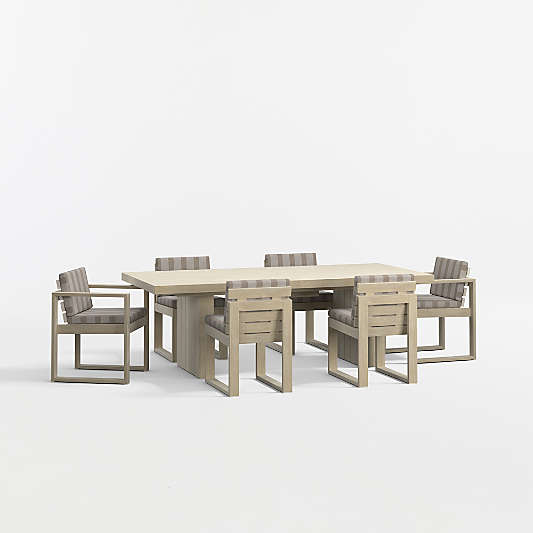 Mallorca 92"-114" Solid Wood Outdoor Extension Dining Table Arm and Dining Chair Set with Range Dune Stripe Sunbrella ® Cushions