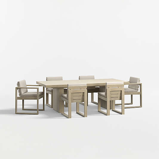 Mallorca 92"-114" Solid Wood Outdoor Extension Dining Table Arm and Dining Chair Set with Canvas Flax Sunbrella ® Cushions