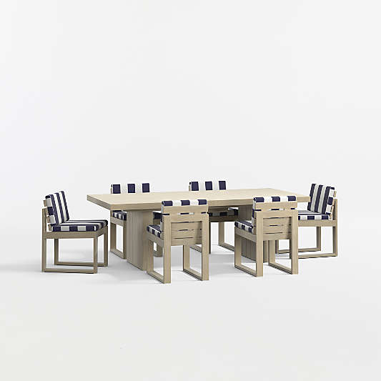 Mallorca 92"-114" Solid Wood Outdoor Extension Dining Table and Chair Set with Navy and White Cabana Stripe Sunbrella ® Cushions