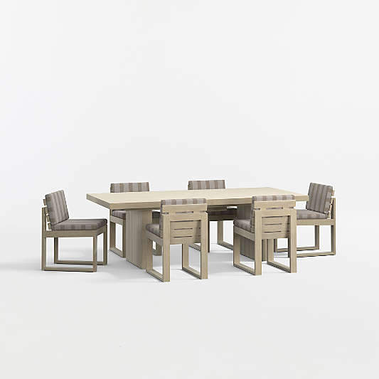 Mallorca 92"-114" Solid Wood Outdoor Extension Dining Table and Chair Set with Range Dune Stripe Sunbrella ® Cushions