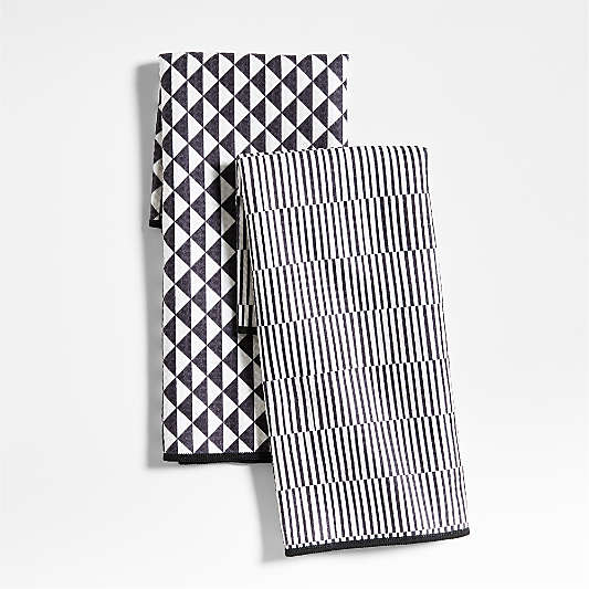 Modern Check Black Recycled Kitchen Towels, Set of 2