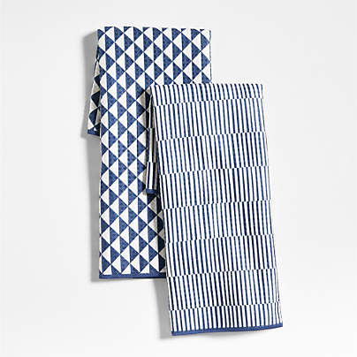 Modern Check Indigo Recycled Kitchen Towels, Set of 2