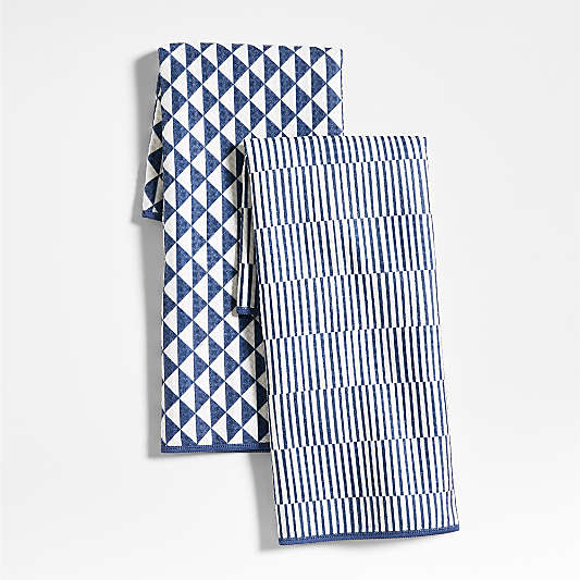 Modern Check Indigo Recycled Kitchen Towels, Set of 2