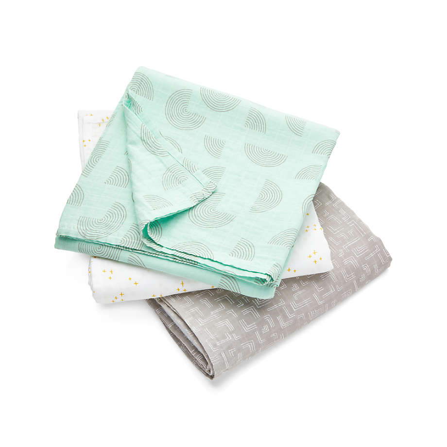 Crate Barrel Mint Modern Organic Baby Swaddle Blankets Set of 3