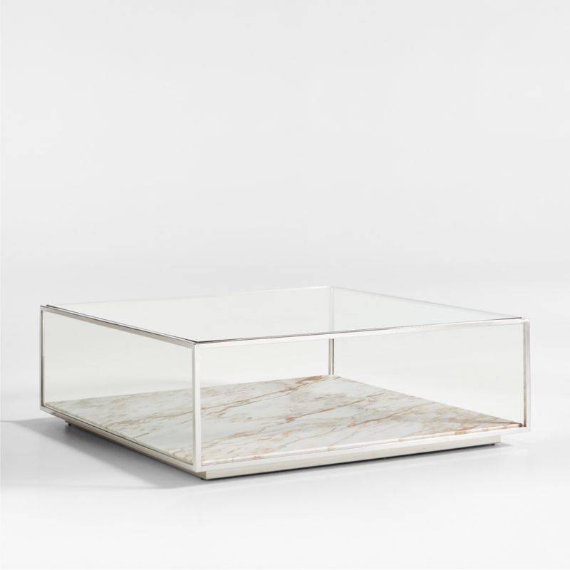 Modernist Metal and Glass 44" Square Display Coffee Table with Marble Shelf - image 0 of 10