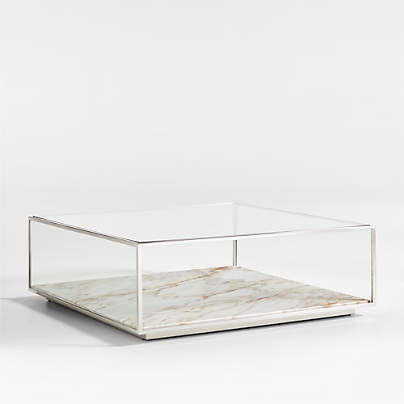 Modernist Metal and Glass 44" Square Display Coffee Table with Marble Shelf