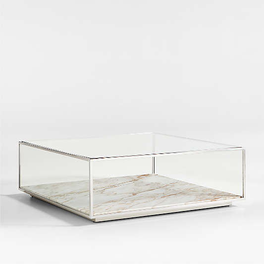 Modernist Metal and Glass 44" Square Display Coffee Table with Marble Shelf