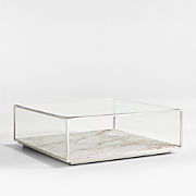Modernist Metal and Glass 44" Square Display Coffee Table with Marble Shelf