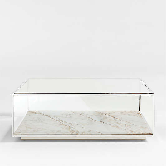 Modernist Metal and Glass 44" Square Display Coffee Table with Marble Shelf