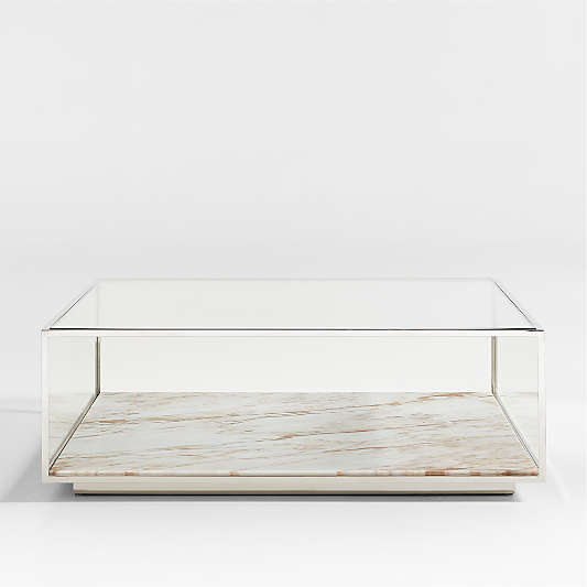 Modernist Metal and Glass 44" Square Display Coffee Table with Marble Shelf