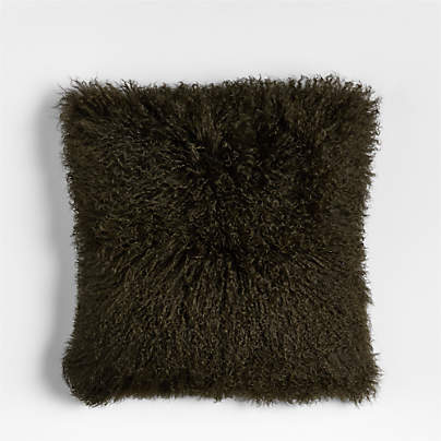 Mongolian Sheepskin 20"x20" Burnt Green Throw Pillow with Feather Insert