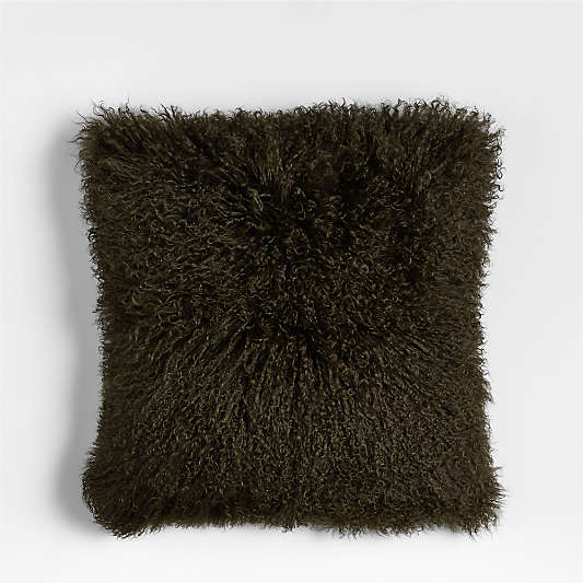 Mongolian Sheepskin 20"x20" Burnt Green Throw Pillow with Down-Alternative Insert