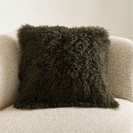 Mongolian Sheepskin 20"x20" Burnt Green Throw Pillow Cover