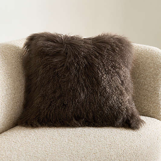 Deep Brown Mongolian Sheepskin 20"x20" Throw Pillow with Feather Insert