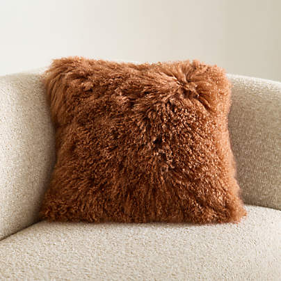 Spiced Orange Mongolian Sheepskin 20"x20" Throw Pillow with Feather Insert
