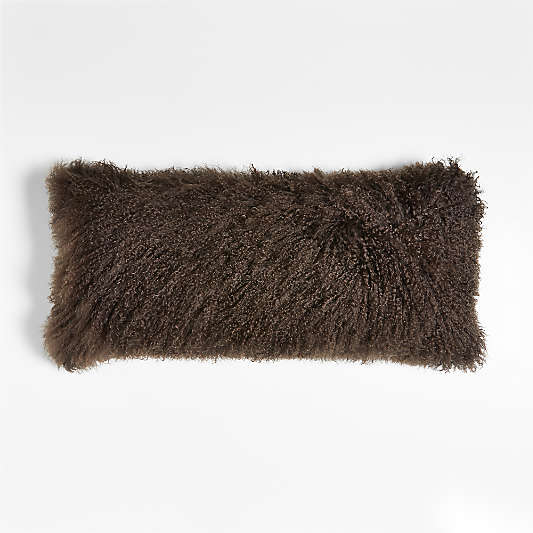 Deep Brown Mongolian Sheepskin 36''x16'' Throw Pillow with Feather Insert