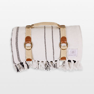 View Montecito White & Blue Outdoor Picnic Blanket with Carrying Handles details