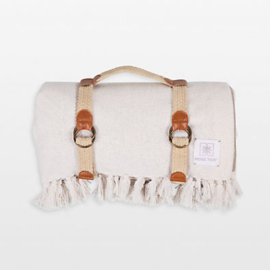 View Montecito White & Brown Outdoor Picnic Blanket with Carrying Handles details