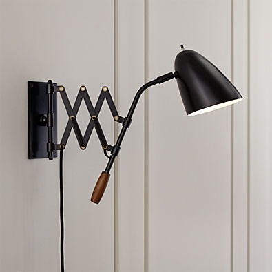 View Morgan Black Adjustable Arm Plug In Wall Sconce Light details