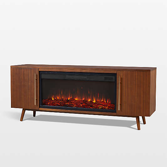 Boulder Walnut Wood Storage Media Console with Electric Fireplace