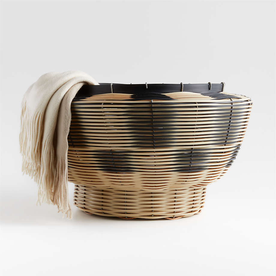 Straw Basket With Black Leather Handles Modern Wicker Bucket 