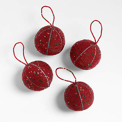 Mo's Crib Hand Beaded Red Ball Christmas Ornaments, Set of 4