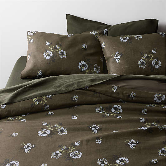 Mountain Floral Cotton Linen Burnt Green Full/Queen Duvet Cover